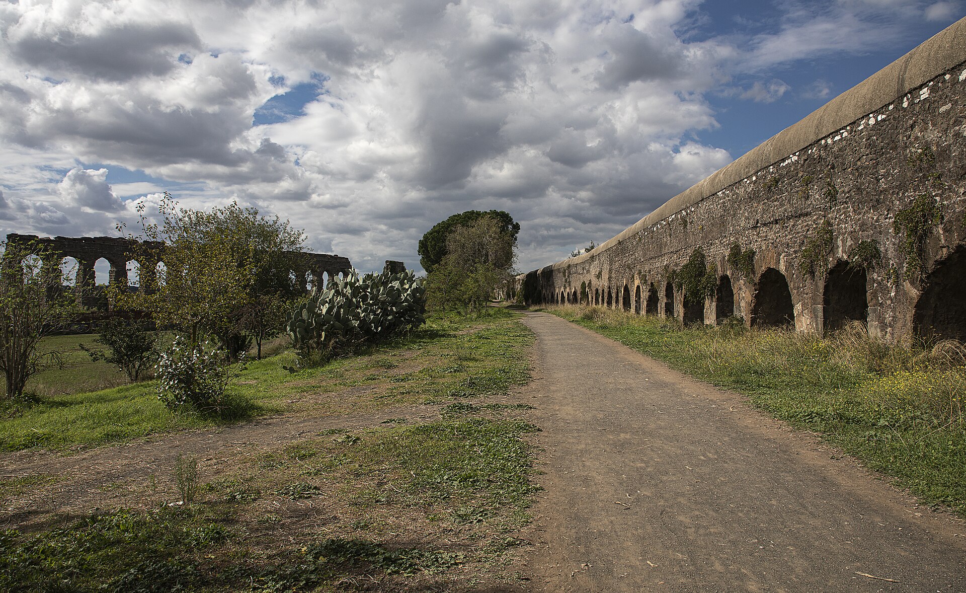 Ancient Roman aqueducts crossing Parco degli Acquedotti.